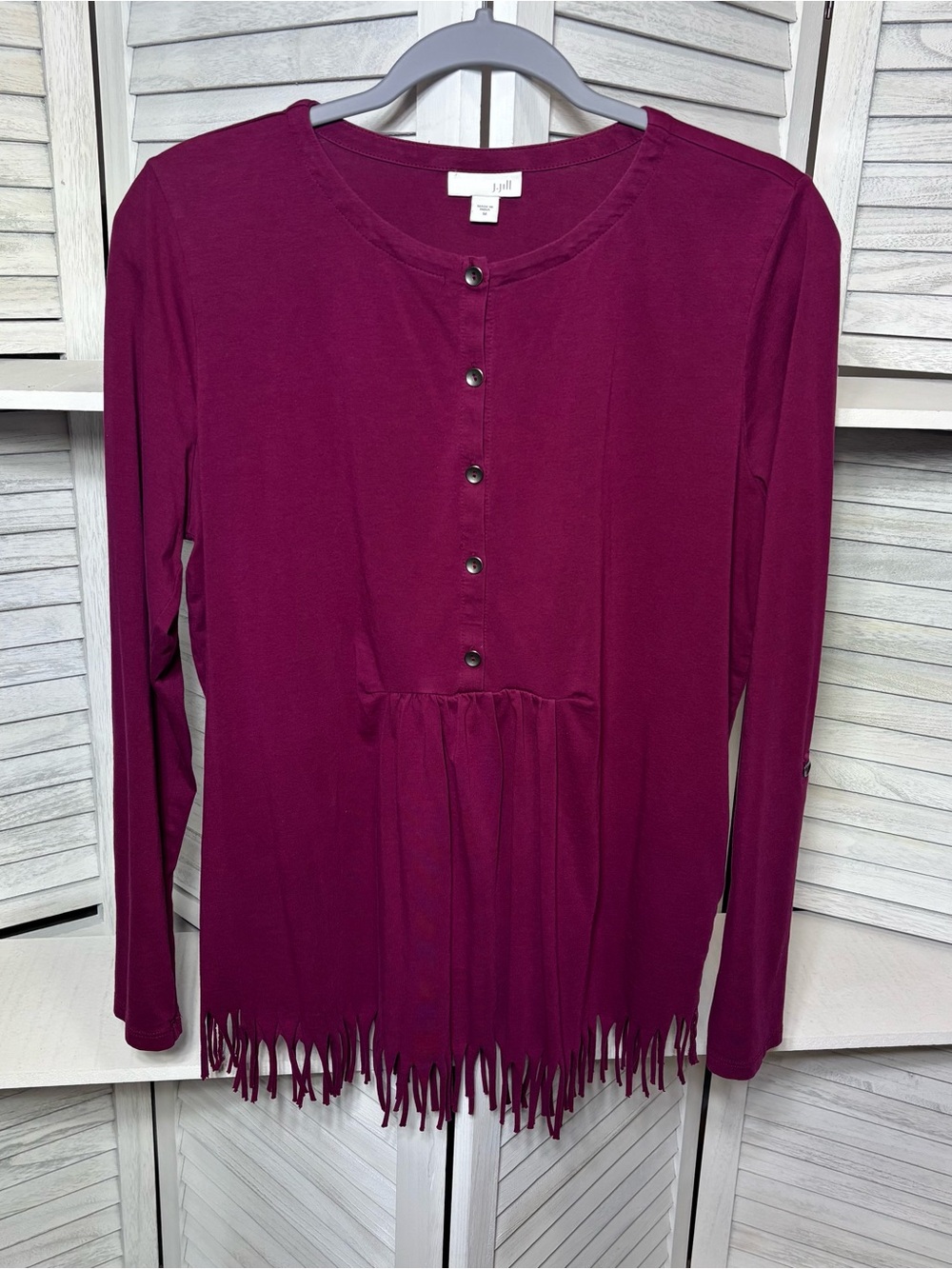 J.Jill Plum Berry Purple Button Front Fringe Hem Long Sleeve Top Women's Size M